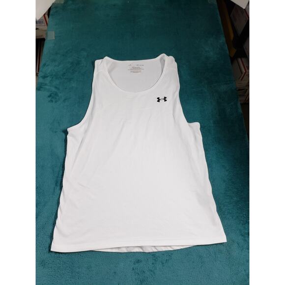 Under Armor Tank Tee Shirt Size Medium Mens White Polyester Tank Race Running - Picture 2 of 7